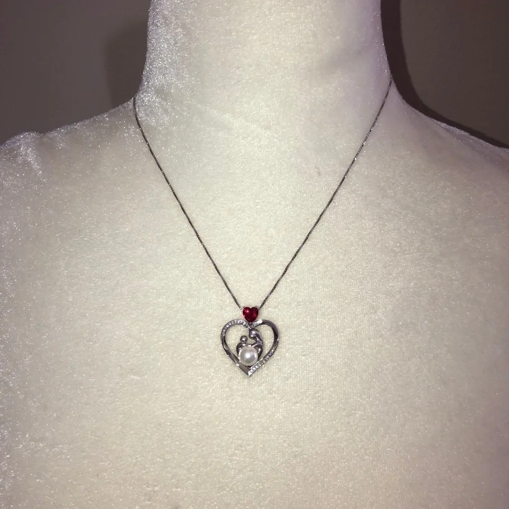 ALWAYS MY MOM Grandma Red Stone Pearl Heart Pendant Chain Necklace